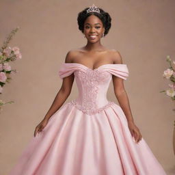 Visualize a medium-sized woman in a modernized, full, off-shoulder pink gown designed for prom. The outfit seamlessly integrates aspects of Charlotte's dress from Princess and the Frog with elements of Bridgerton fashion, crowned with a corset-like top.