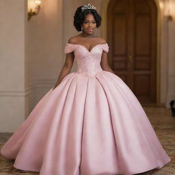 Visualize a medium-sized woman in a modernized, full, off-shoulder pink gown designed for prom. The outfit seamlessly integrates aspects of Charlotte's dress from Princess and the Frog with elements of Bridgerton fashion, crowned with a corset-like top.