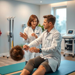 A serene and professional physiotherapy clinic environment, showcasing a qualified physiotherapist demonstrating various treatments to a patient