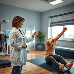 A serene and professional physiotherapy clinic environment, showcasing a qualified physiotherapist demonstrating various treatments to a patient
