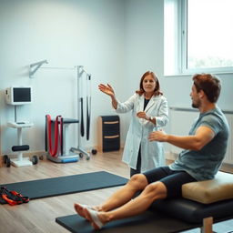 A serene and professional physiotherapy clinic environment, showcasing a qualified physiotherapist demonstrating various treatments to a patient