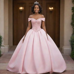 Visualize a medium-sized woman in a modernized, full, off-shoulder pink gown designed for prom. The outfit seamlessly integrates aspects of Charlotte's dress from Princess and the Frog with elements of Bridgerton fashion, crowned with a corset-like top.