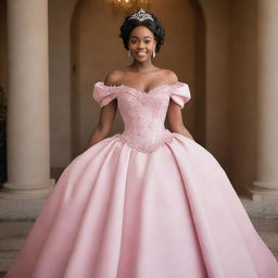 Visualize a medium-sized woman in a modernized, full, off-shoulder pink gown designed for prom. The outfit seamlessly integrates aspects of Charlotte's dress from Princess and the Frog with elements of Bridgerton fashion, crowned with a corset-like top.