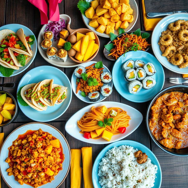 A vibrant and colorful spread of traditional foods from various cultures