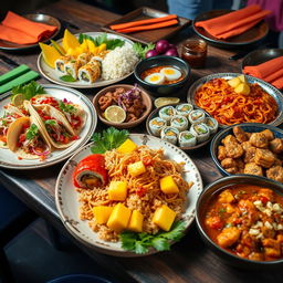 A vibrant and colorful spread of traditional foods from various cultures