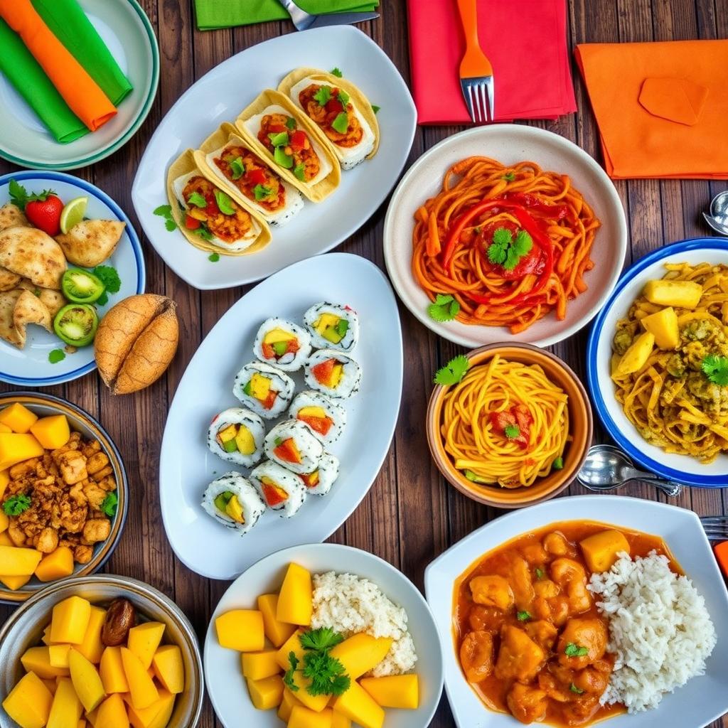 A vibrant and colorful spread of traditional foods from various cultures