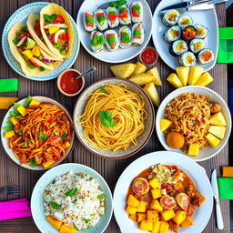A vibrant and colorful spread of traditional foods from various cultures