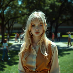 A surreal and eerie scene depicting a young blonde woman with striking blue eyes, dressed in vintage 1970s clothing, standing in front of a high school in 1994