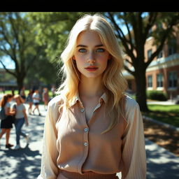 A surreal and eerie scene depicting a young blonde woman with striking blue eyes, dressed in vintage 1970s clothing, standing in front of a high school in 1994