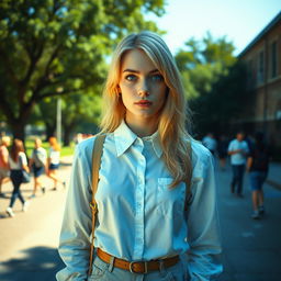 A surreal and eerie scene depicting a young blonde woman with striking blue eyes, dressed in vintage 1970s clothing, standing in front of a high school in 1994