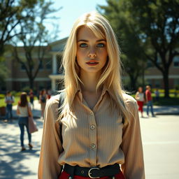 A surreal and eerie scene depicting a young blonde woman with striking blue eyes, dressed in vintage 1970s clothing, standing in front of a high school in 1994
