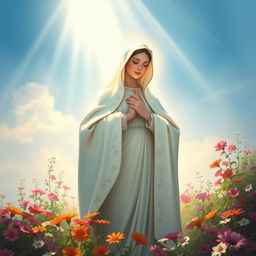 A serene portrayal of Our Lady of Fatima, radiating compassion and love, surrounded by a soft, illuminated glow