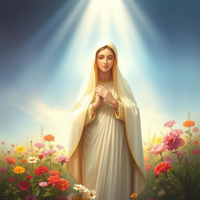 A serene portrayal of Our Lady of Fatima, radiating compassion and love, surrounded by a soft, illuminated glow