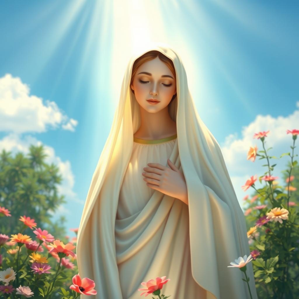 A serene portrayal of Our Lady of Fatima, radiating compassion and love, surrounded by a soft, illuminated glow