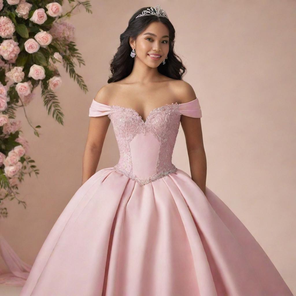 Portray a medium-sized, pale Filipina ready for prom in a modernized, full, off-shoulder pink gown that's a blend of Charlotte's dress from Princess and the Frog and Bridgerton fashion, complemented with a corset-like top.