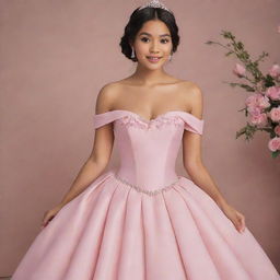 Portray a medium-sized, pale Filipina ready for prom in a modernized, full, off-shoulder pink gown that's a blend of Charlotte's dress from Princess and the Frog and Bridgerton fashion, complemented with a corset-like top.