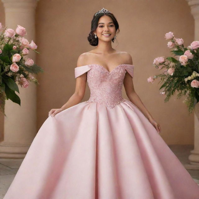 Portray a medium-sized, pale Filipina ready for prom in a modernized, full, off-shoulder pink gown that's a blend of Charlotte's dress from Princess and the Frog and Bridgerton fashion, complemented with a corset-like top.