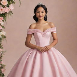 Portray a medium-sized, pale Filipina ready for prom in a modernized, full, off-shoulder pink gown that's a blend of Charlotte's dress from Princess and the Frog and Bridgerton fashion, complemented with a corset-like top.