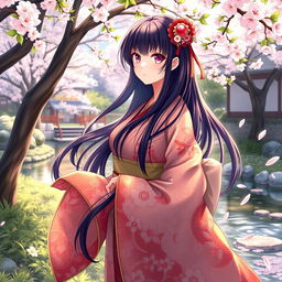 An alluring waifu character, standing in a dynamic pose, wearing an intricate traditional Japanese kimono adorned with beautiful floral patterns