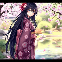 An alluring waifu character, standing in a dynamic pose, wearing an intricate traditional Japanese kimono adorned with beautiful floral patterns