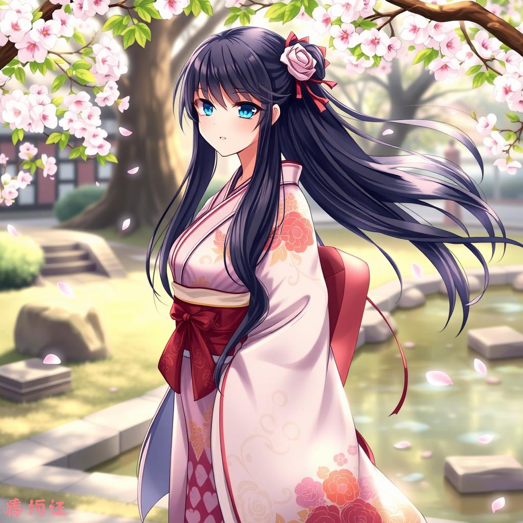 An alluring waifu character, standing in a dynamic pose, wearing an intricate traditional Japanese kimono adorned with beautiful floral patterns