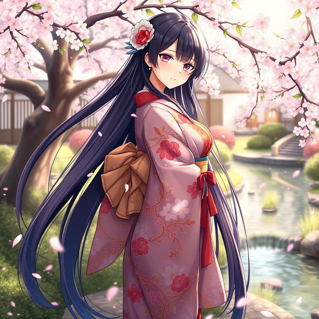 An alluring waifu character, standing in a dynamic pose, wearing an intricate traditional Japanese kimono adorned with beautiful floral patterns