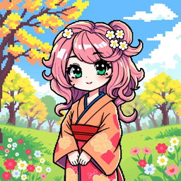 A charming waifu character created in pixel art style, featuring vibrant colors and distinct pixelated details