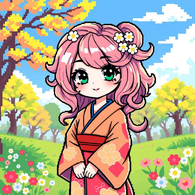 A charming waifu character created in pixel art style, featuring vibrant colors and distinct pixelated details