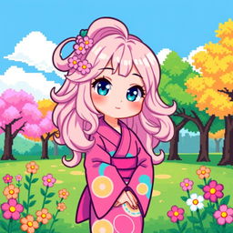A charming waifu character created in pixel art style, featuring vibrant colors and distinct pixelated details