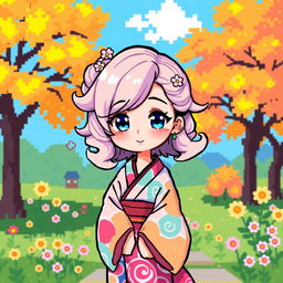 A charming waifu character created in pixel art style, featuring vibrant colors and distinct pixelated details