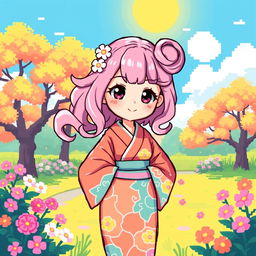 A charming waifu character created in pixel art style, featuring vibrant colors and distinct pixelated details