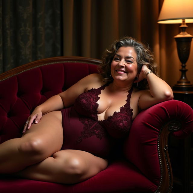 A curvy woman in her 60s reclines comfortably on a plush velvet chaise, dressed in a luxurious rich burgundy lace bodysuit that beautifully accentuates her figure