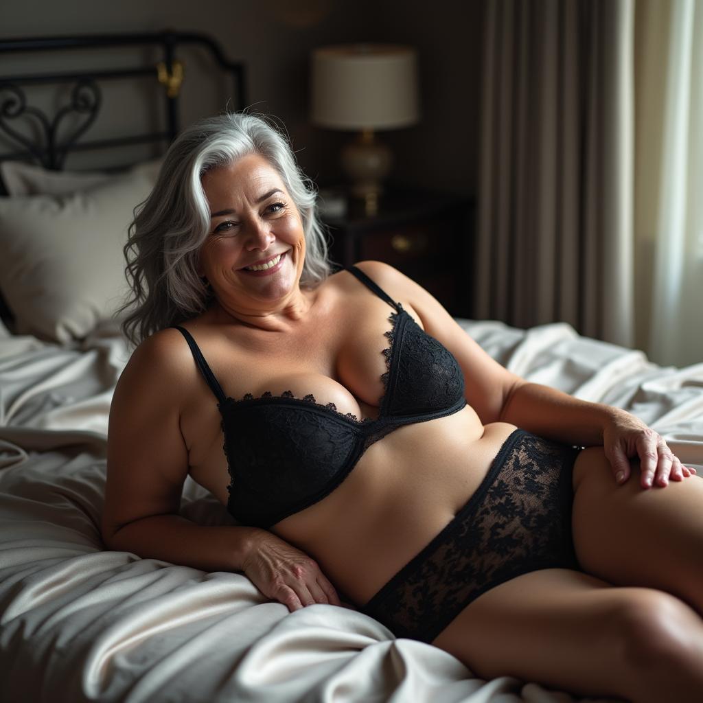 A graceful woman with striking silver-grey hair and deep laugh lines lounges comfortably on a bed draped in luxurious satin sheets