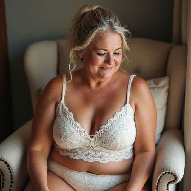 A curvy woman in her 60s sits comfortably in a cozy armchair, dressed in an elegant ivory lace camisole and matching panties