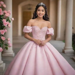 A medium-sized, pale Filipina in a modernized, full, off-shoulder pink gown with puffy sleeves. The gown blends the style of Charlotte's dress from Princess and the Frog and Bridgerton, tailored for prom with a corset-like top.