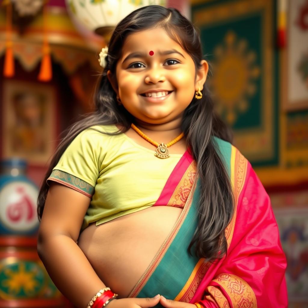 A portrait of a Tamil South Indian chubby girl, confidently showcasing her navel