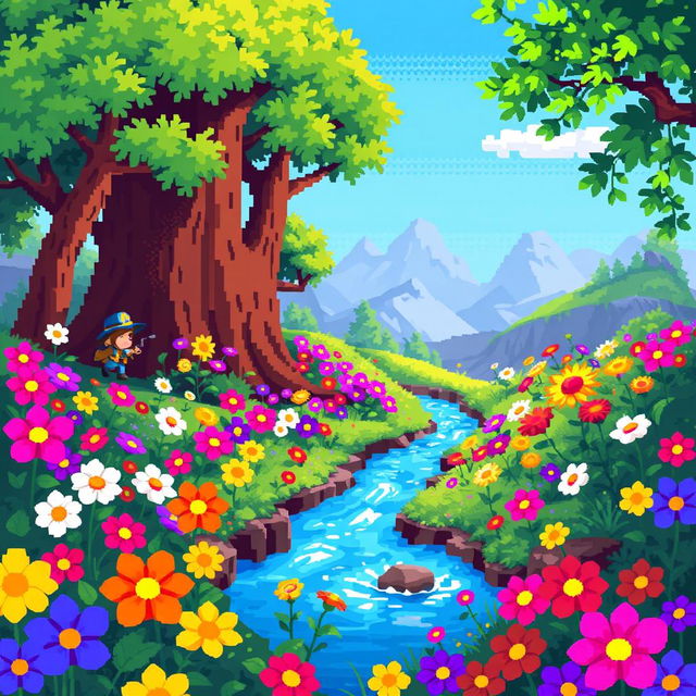 A vibrant and colorful pixel art scene depicting a lush fantasy landscape