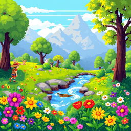 A vibrant and colorful pixel art scene depicting a lush fantasy landscape