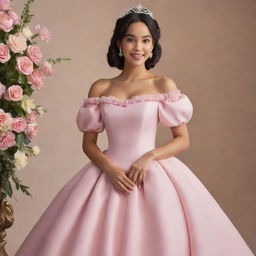 A medium-sized, pale Filipina in a modernized, full, off-shoulder pink gown with puffy sleeves. The gown blends the style of Charlotte's dress from Princess and the Frog and Bridgerton, tailored for prom with a corset-like top.