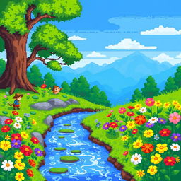 A vibrant and colorful pixel art scene depicting a lush fantasy landscape