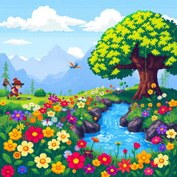 A vibrant and colorful pixel art scene depicting a lush fantasy landscape