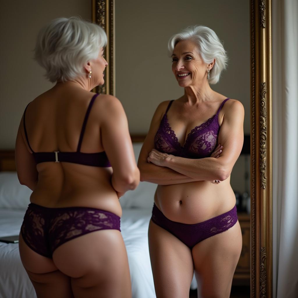 An empowered woman in her mid-60s stands confidently in front of a full-length mirror, adjusting her exquisite deep purple lace lingerie