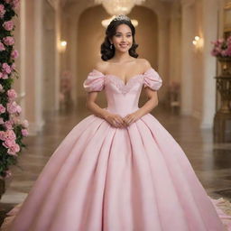 A medium-sized, pale Filipina in a modernized, full, off-shoulder pink gown with puffy sleeves. The gown blends the style of Charlotte's dress from Princess and the Frog and Bridgerton, tailored for prom with a corset-like top.