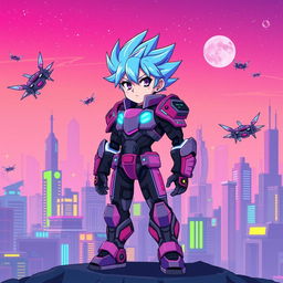 A vibrant pixel art representation of an anime character with spiky blue hair, wearing a futuristic armor suit with neon lights
