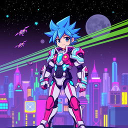 A vibrant pixel art representation of an anime character with spiky blue hair, wearing a futuristic armor suit with neon lights