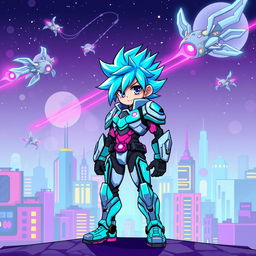 A vibrant pixel art representation of an anime character with spiky blue hair, wearing a futuristic armor suit with neon lights
