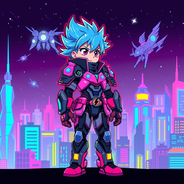 A vibrant pixel art representation of an anime character with spiky blue hair, wearing a futuristic armor suit with neon lights