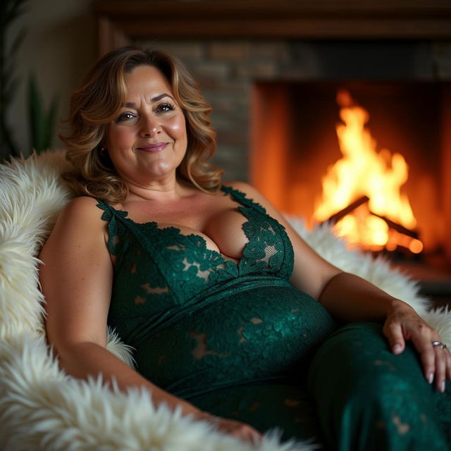 A curvy woman in her 60s elegantly lounging on a plush white fur rug in front of a warm, inviting fireplace, dressed in stunning emerald green lace that highlights her figure beautifully