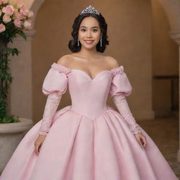 A medium-sized, pale Filipina in a modernized, full, off-shoulder pink gown with puffy sleeves. The gown blends the style of Charlotte's dress from Princess and the Frog and Bridgerton, tailored for prom with a corset-like top.