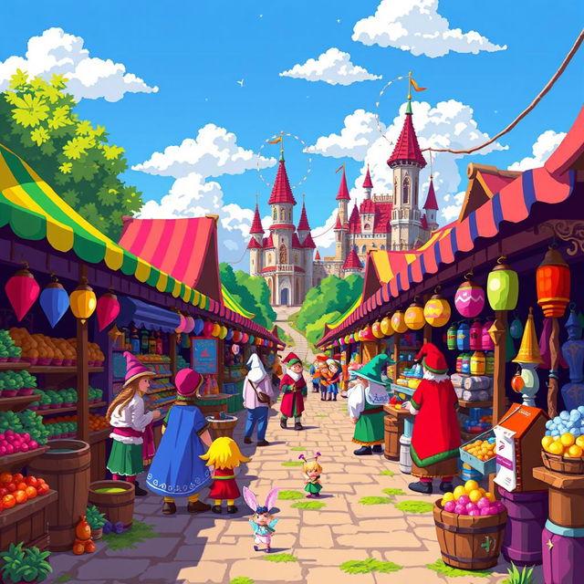 A vibrant pixel art scene depicting a bustling fantasy marketplace, filled with colorful stalls selling various magical goods